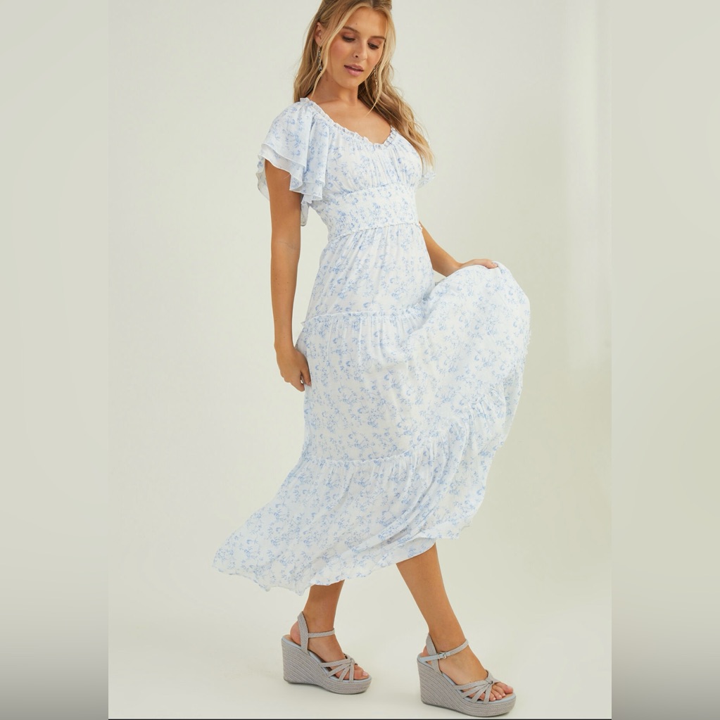 Altar’d State Light Blue Floral Ruffle Midi Dress - Women Xl Nwt